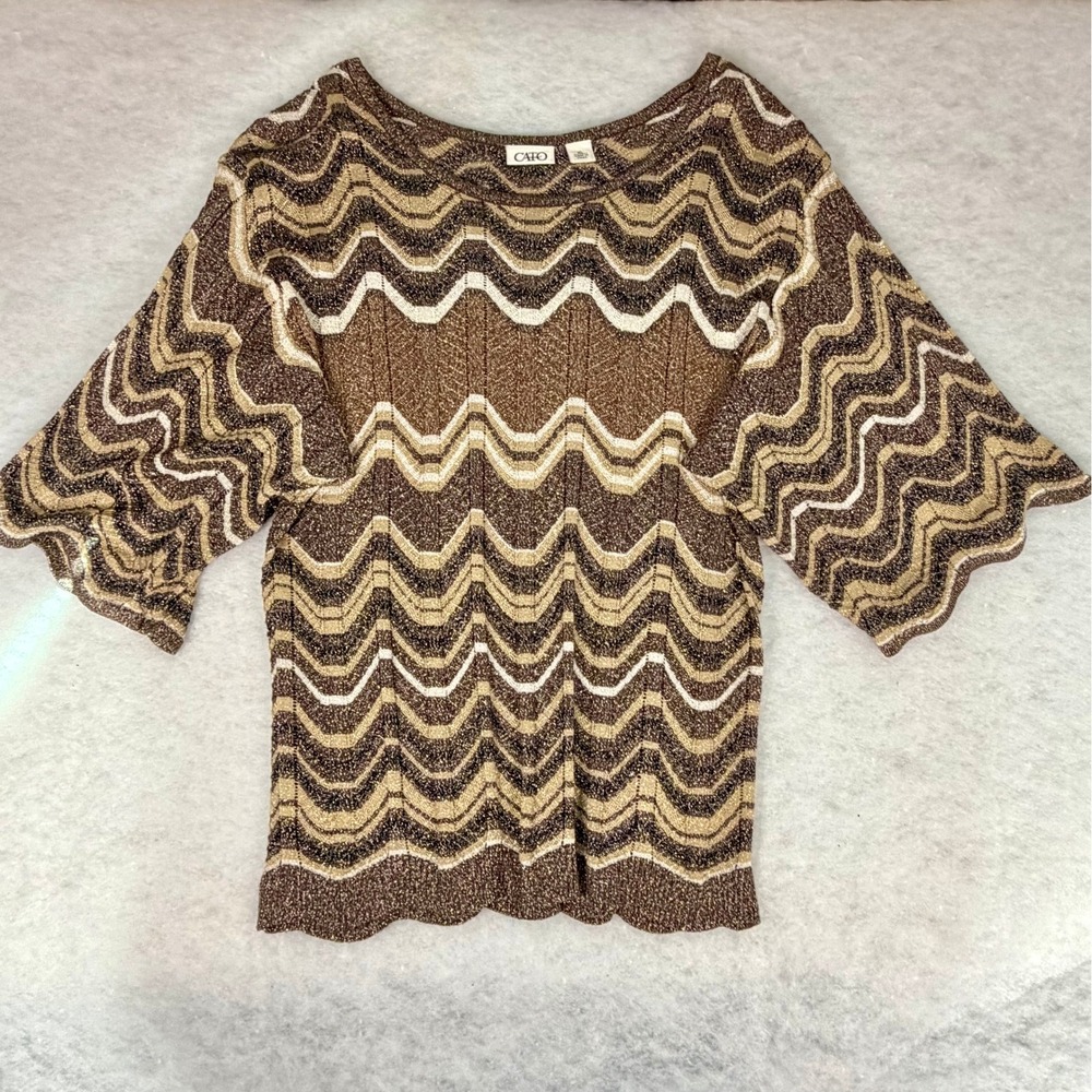 Cato Chevron Knit Sweater Womens XL Brown Gold Metallic Scallop Hem Boho Cozy
